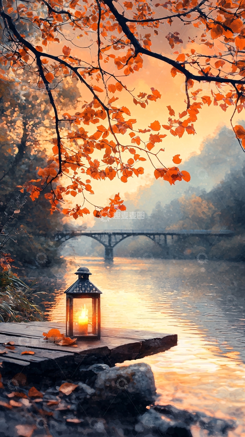 高清大图下载【趣麦麦图】秋日河畔灯光温暖风景