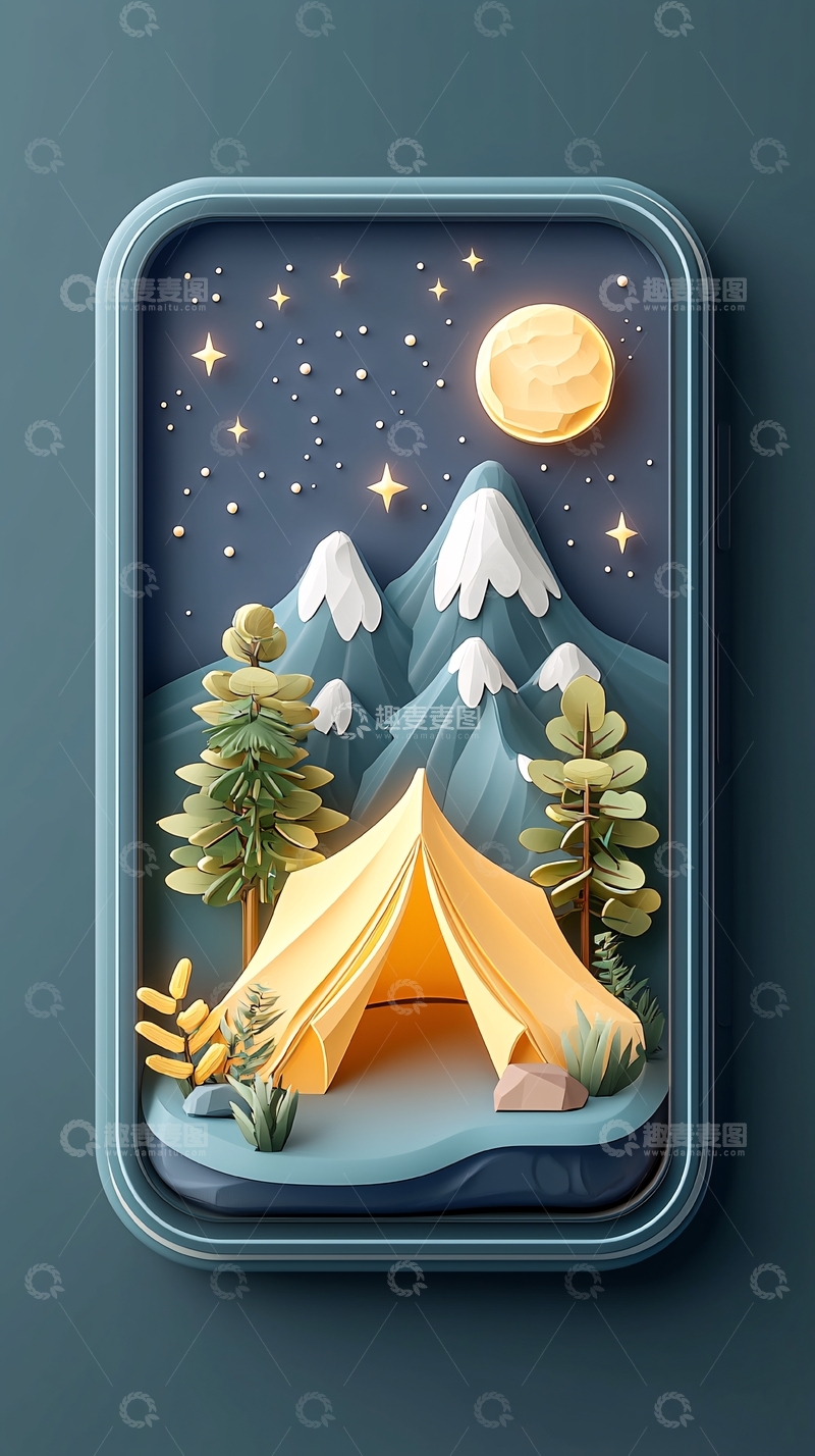 高清大图下载【趣麦麦图】露营夜晚星空雪山场景插画