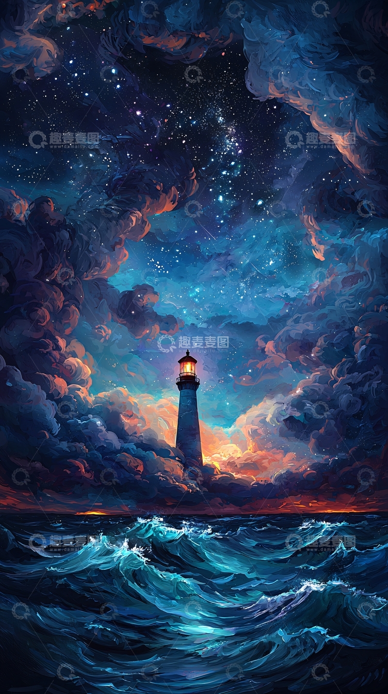 高清大图下载【趣麦麦图】星空下的灯塔