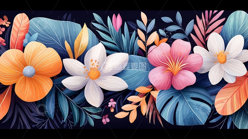 高清大图下载【趣麦麦图】鲜艳花卉与热带叶子组合