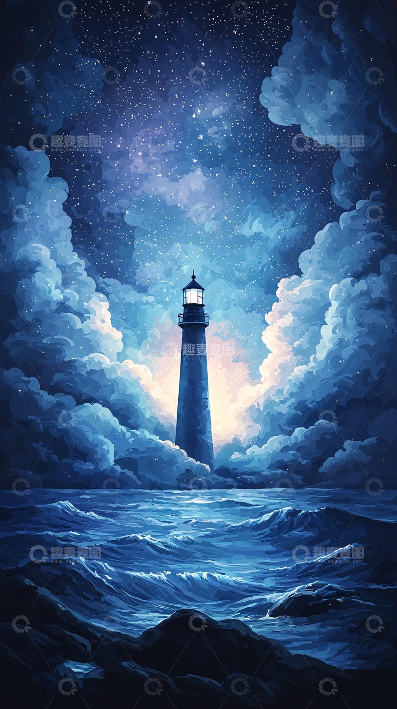 高清大图下载【趣麦麦图】夜晚星空下的灯塔