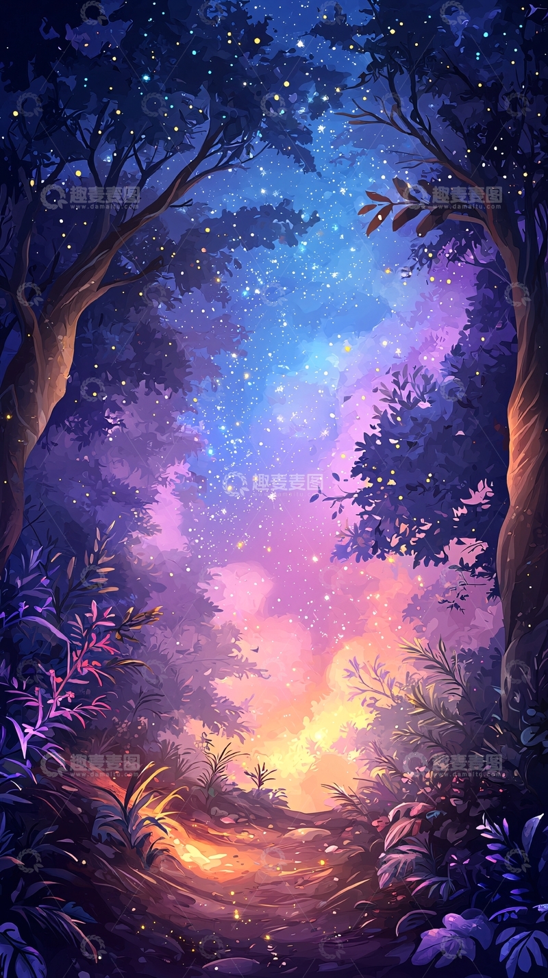 高清大图下载【趣麦麦图】梦幻星空下的森林小径