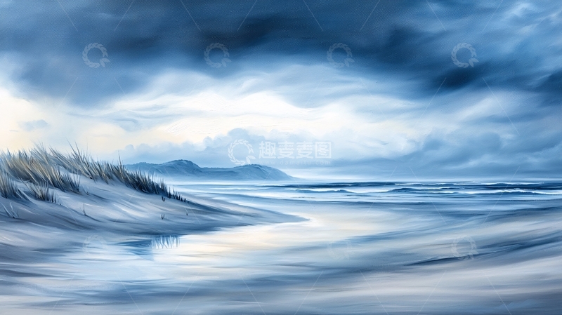 高清大图下载【趣麦麦图】寒冷海滩的阴郁天空