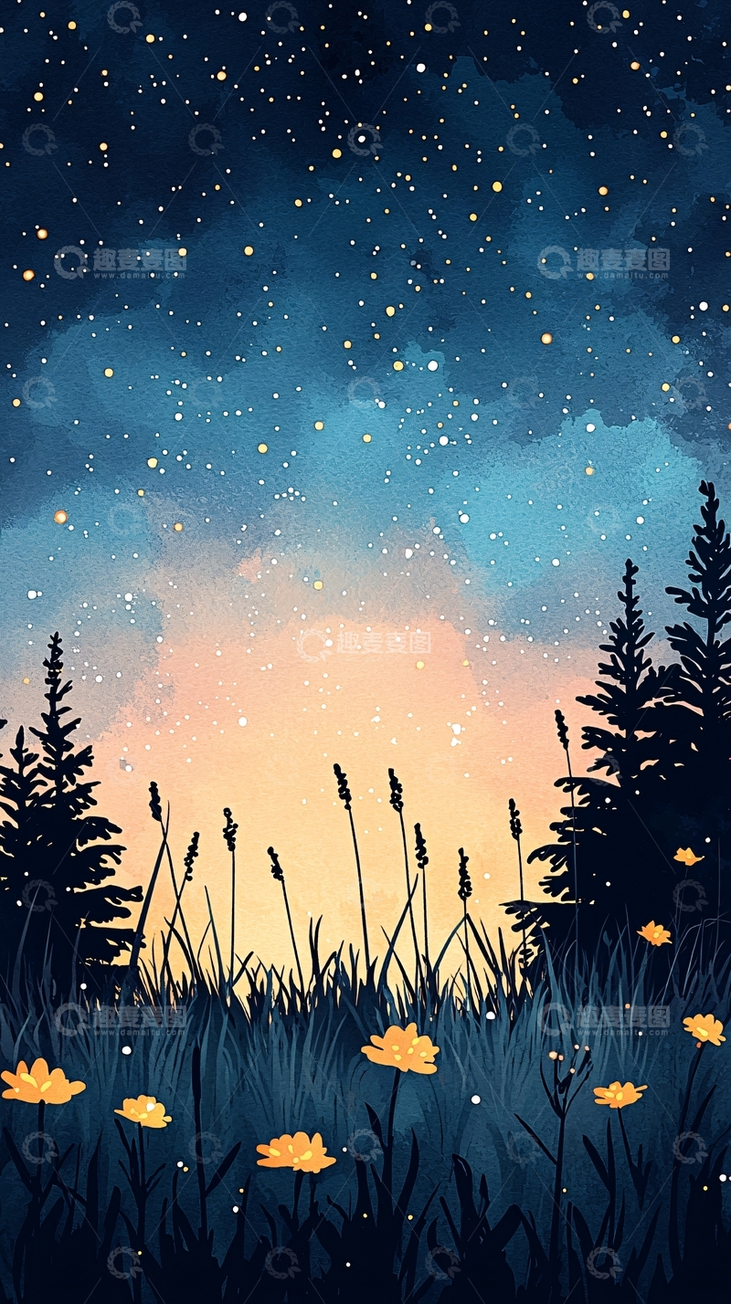 高清大图下载【趣麦麦图】星空下的花田
