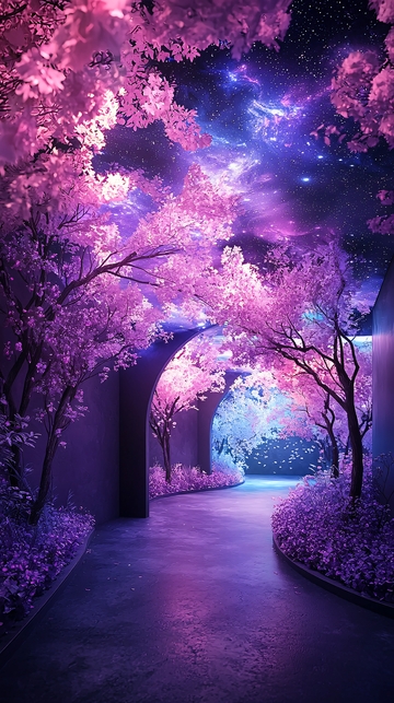 唯美紫色花树夜空隧道