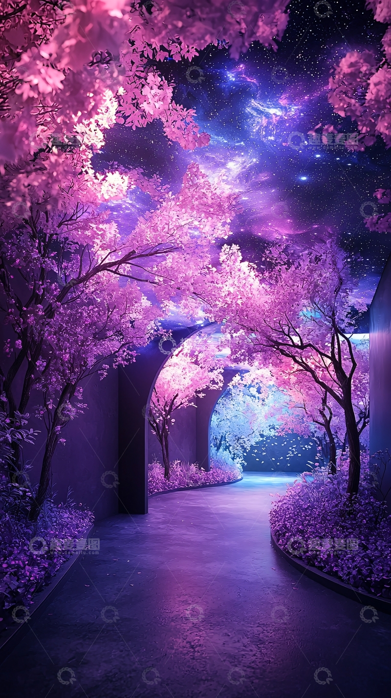 高清大图下载【趣麦麦图】唯美紫色花树夜空隧道