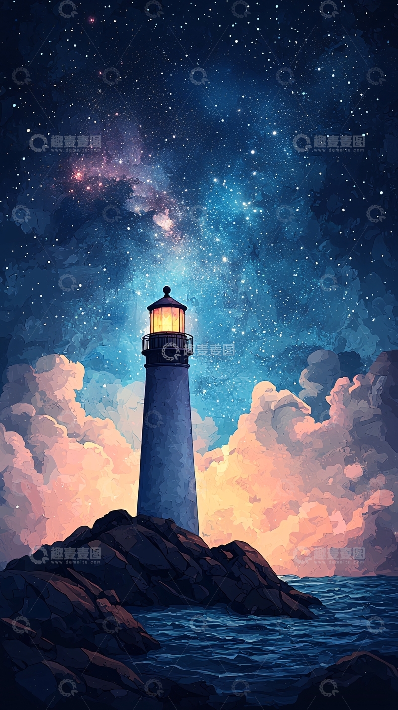 高清大图下载【趣麦麦图】星空下的灯塔