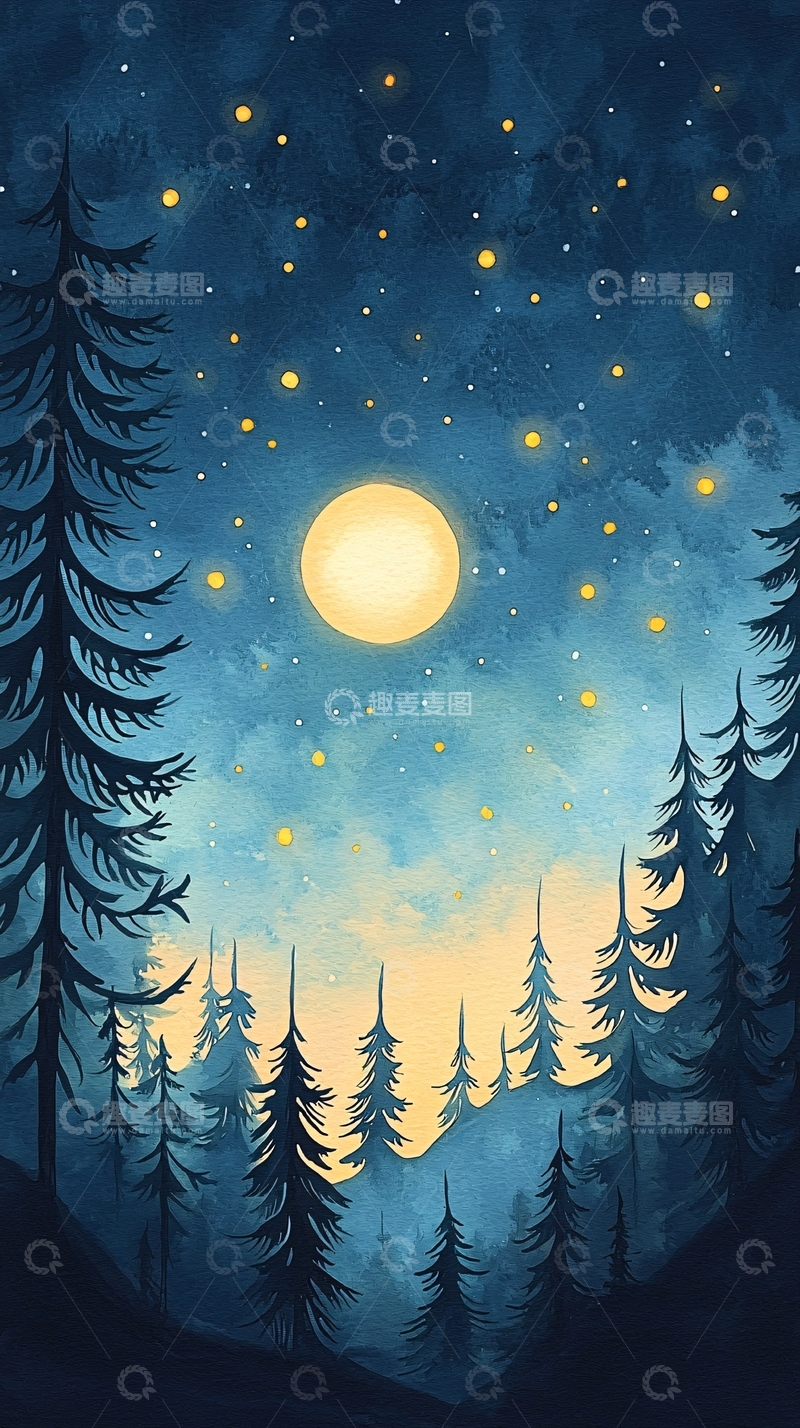 高清大图下载【趣麦麦图】夜空森林明月群星