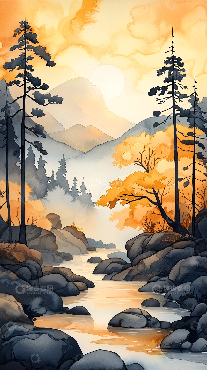 高清大图下载【趣麦麦图】金色水彩山水风景画