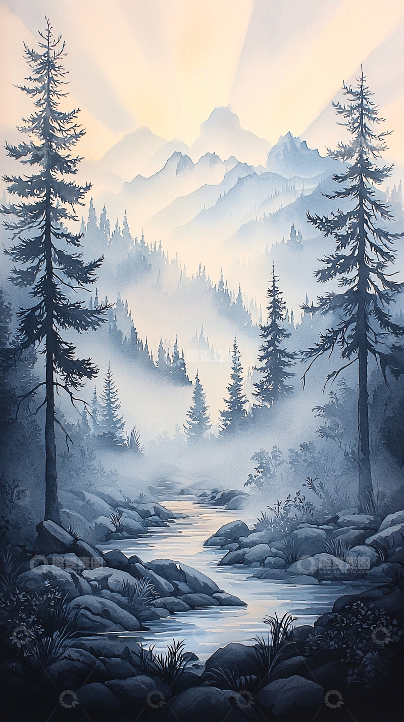 高清大图下载【趣麦麦图】水雾弥漫的山林景色