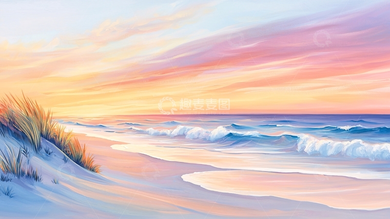 高清大图下载【趣麦麦图】海边粉色日落的油画
