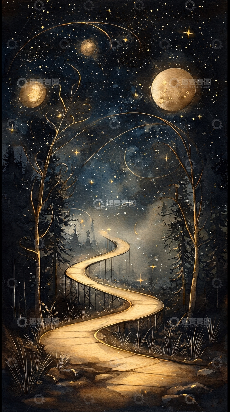 高清大图下载【趣麦麦图】夜晚星空下的金色小路