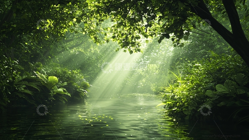 高清大图下载【趣麦麦图】阳光穿透树林照亮河流