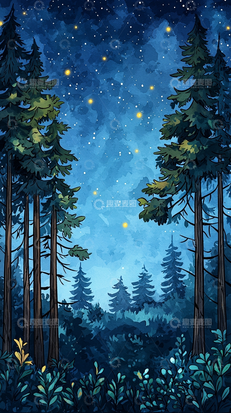 高清大图下载【趣麦麦图】星空下的宁静森林