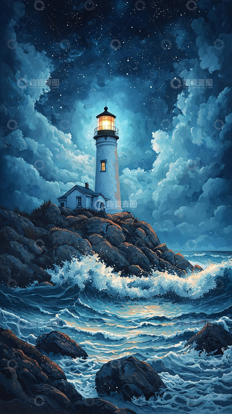 高清大图下载【趣麦麦图】夜色下的灯塔