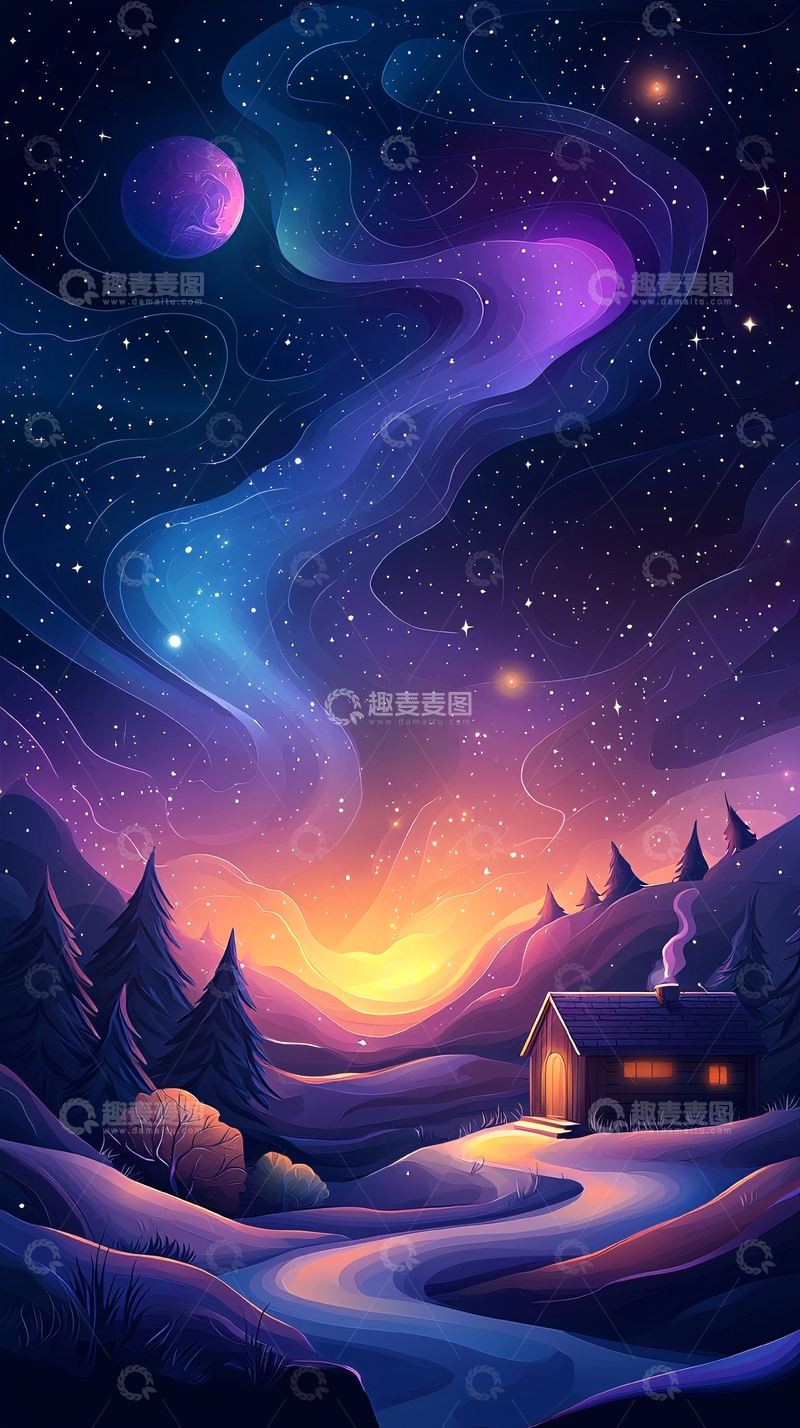 高清大图下载【趣麦麦图】星空下的温馨小屋