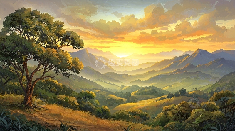 高清大图下载【趣麦麦图】山间日落的油画风景