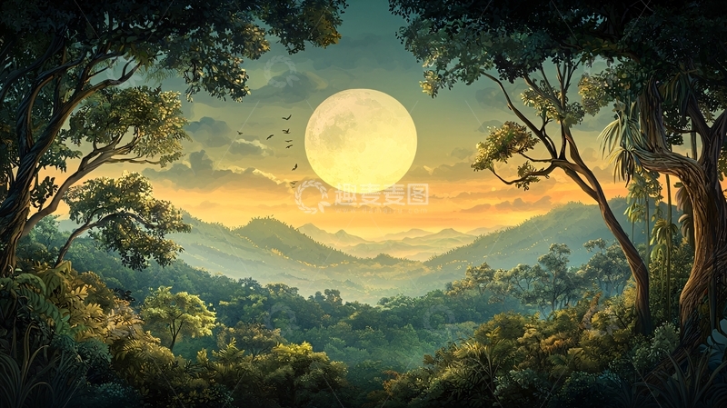 高清大图下载【趣麦麦图】森林中的满月升起