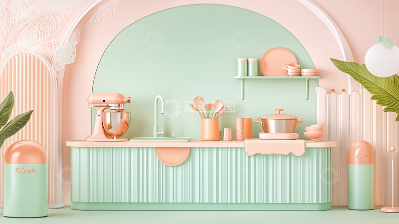 高清大图下载【趣麦麦图】粉色薄荷色厨房场景