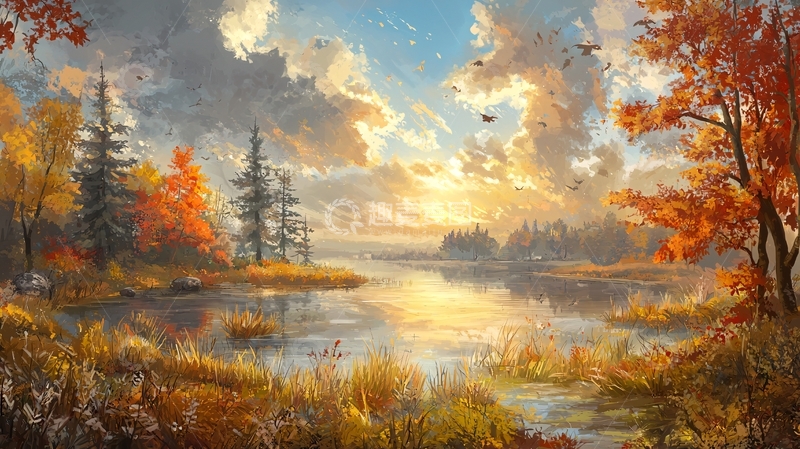 高清大图下载【趣麦麦图】秋日湖畔阳光景色