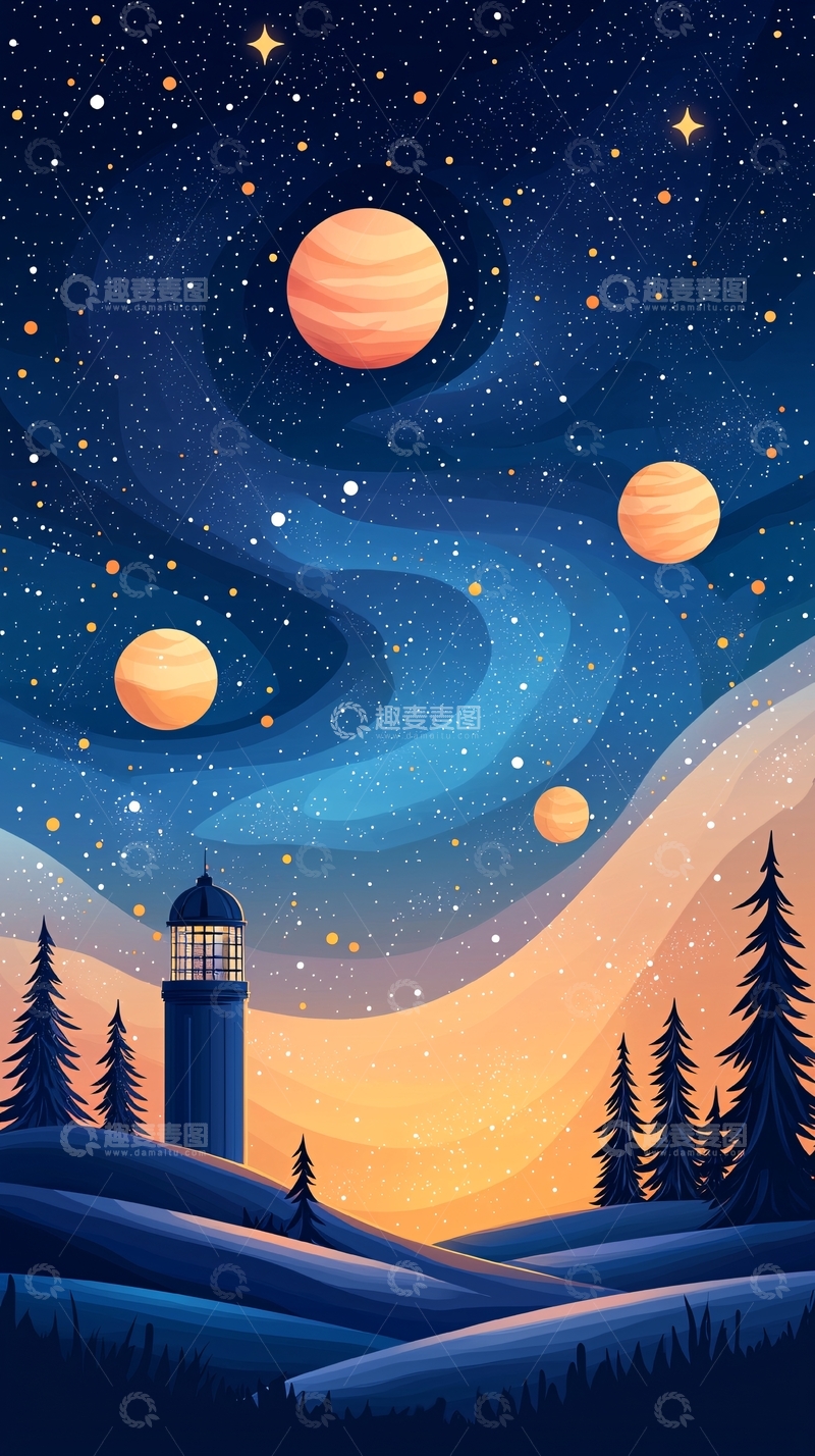 高清大图下载【趣麦麦图】星空下的灯塔与星球