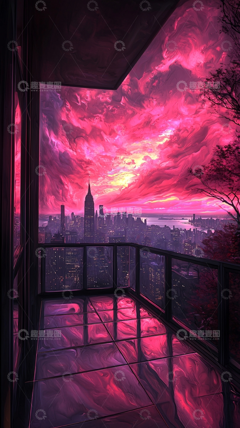 高清大图下载【趣麦麦图】粉色天空下的城市夜景