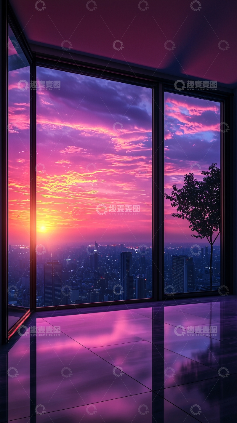 高清大图下载【趣麦麦图】紫色天空下的城市夜景