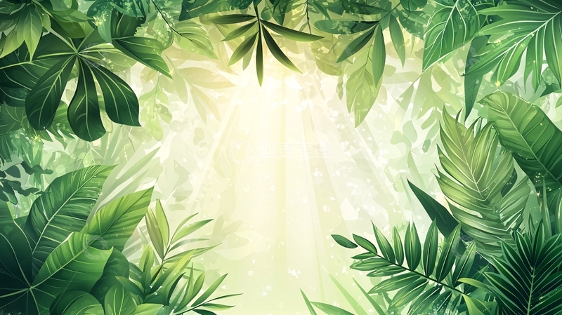 高清大图下载【趣麦麦图】热带雨林叶子围绕光晕