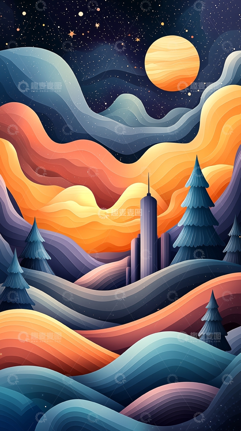 高清大图下载【趣麦麦图】抽象夜景山峦城市