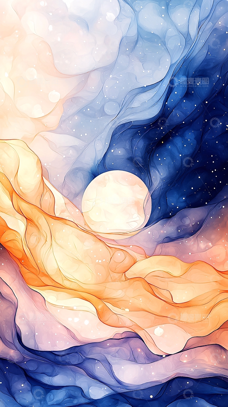 高清大图下载【趣麦麦图】抽象水彩月亮星空背景