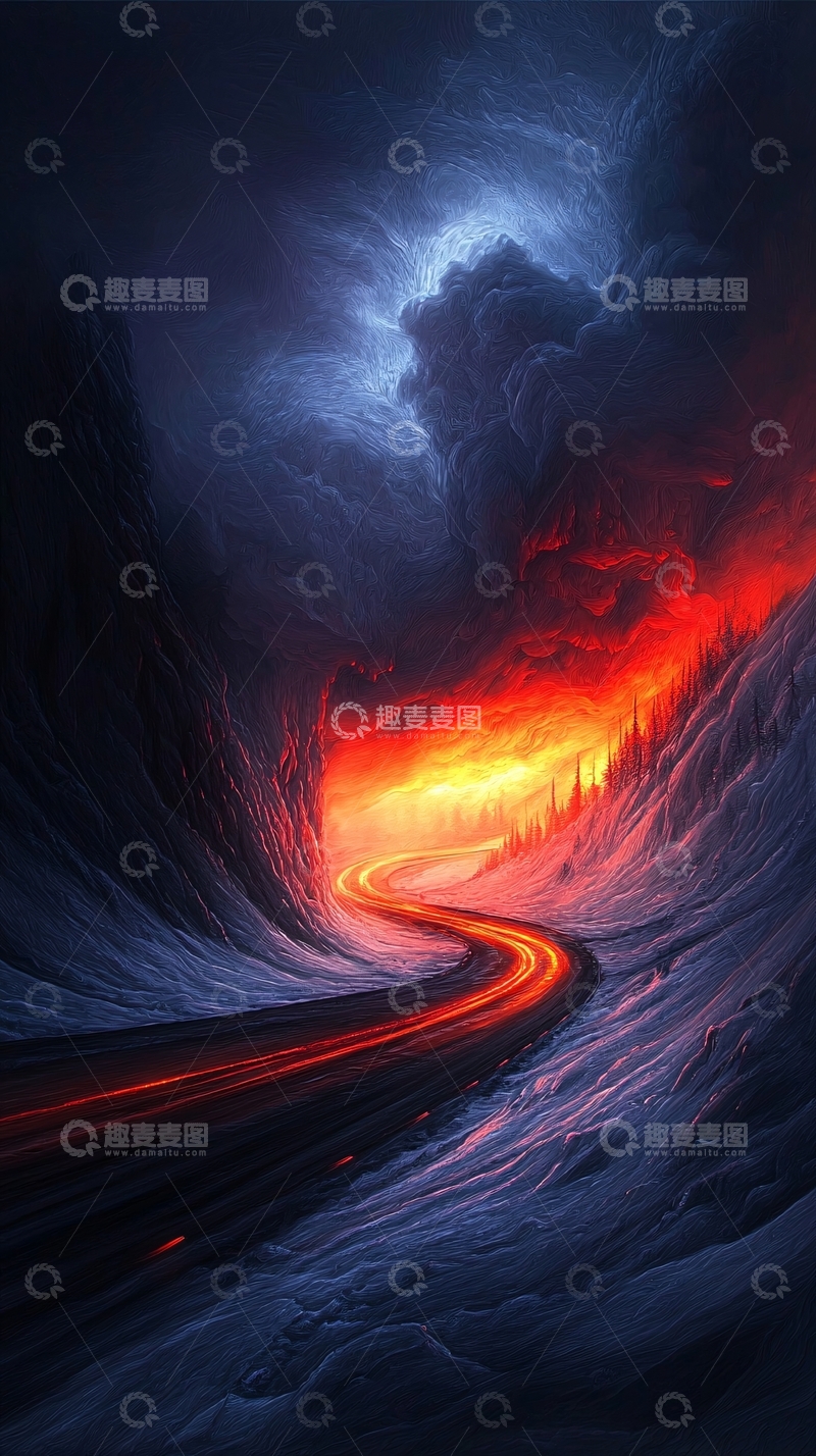 高清大图下载【趣麦麦图】山间公路尽头的火光