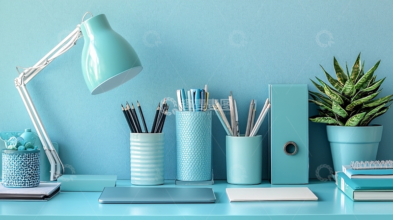 高清大图下载【趣麦麦图】浅蓝色桌面文具静物