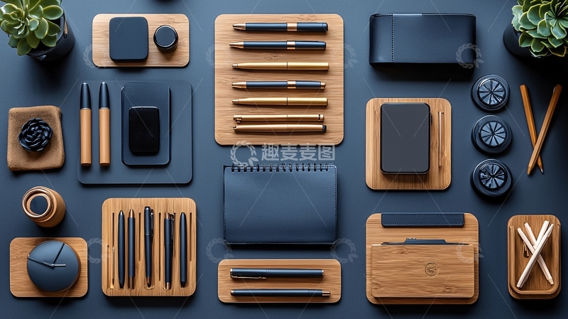 高清大图下载【趣麦麦图】木质文具桌面整齐排列