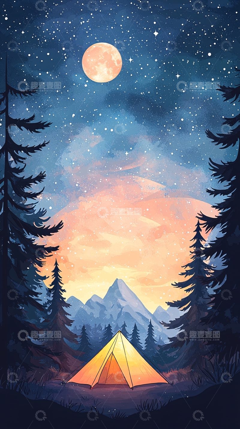 高清大图下载【趣麦麦图】星空下的山间露营地