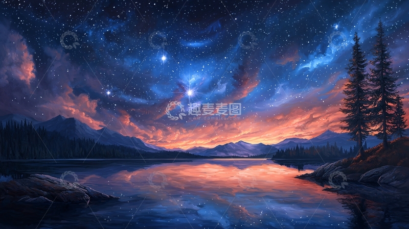 高清大图下载【趣麦麦图】宁静湖面星空倒影