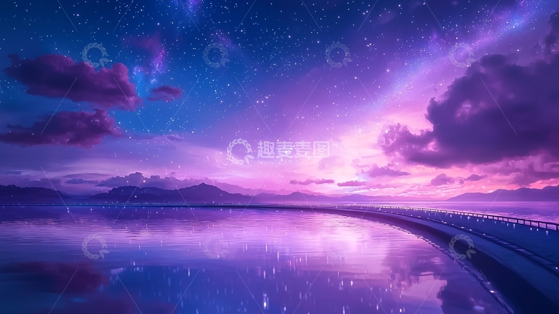 高清大图下载【趣麦麦图】紫色星空下的湖面