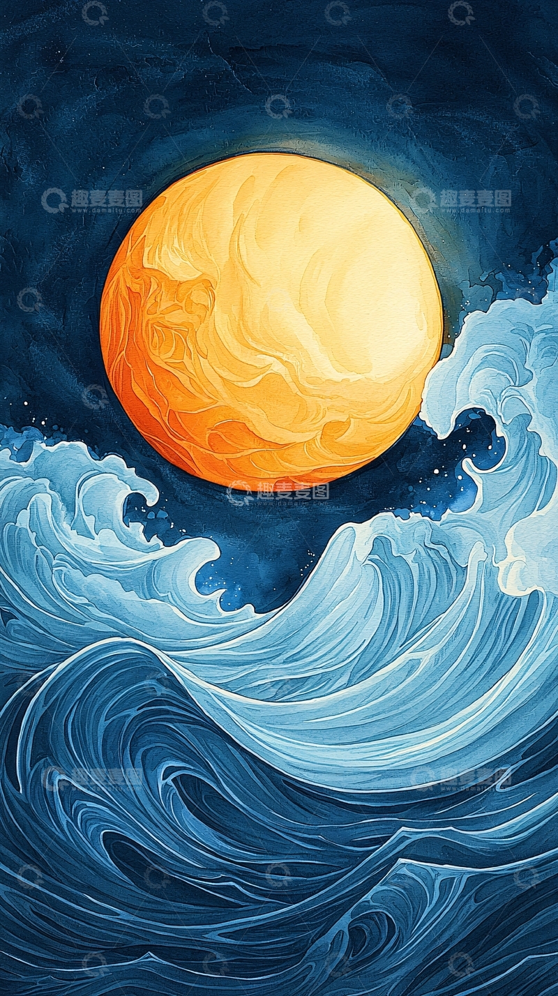高清大图下载【趣麦麦图】海面上的金色满月