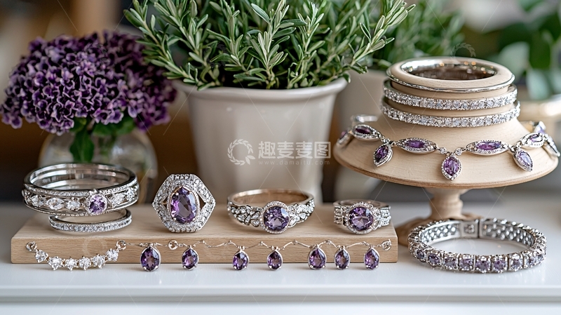 高清大图下载【趣麦麦图】紫色宝石银饰品陈列