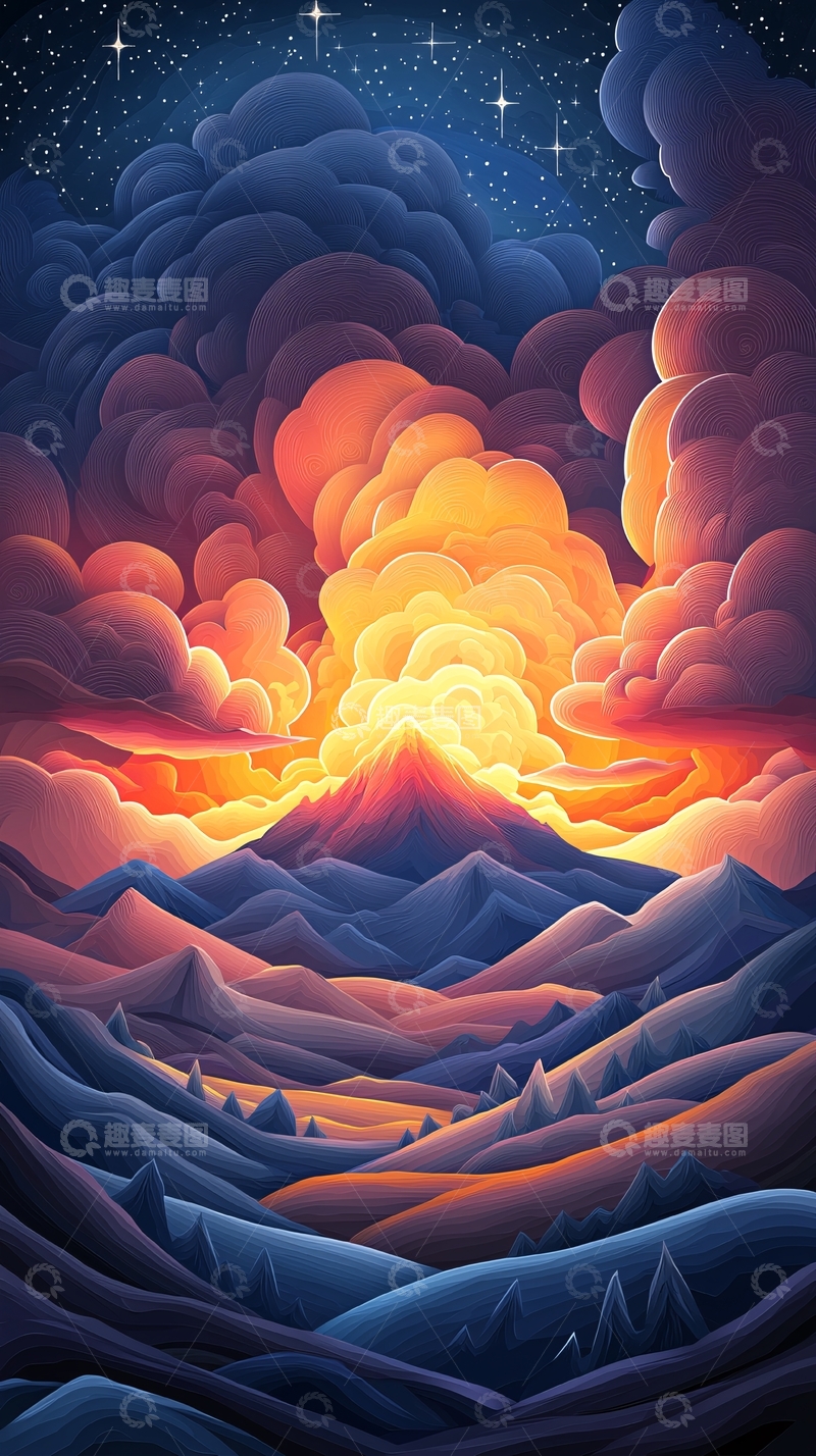 高清大图下载【趣麦麦图】山顶光芒四射的卡通风景