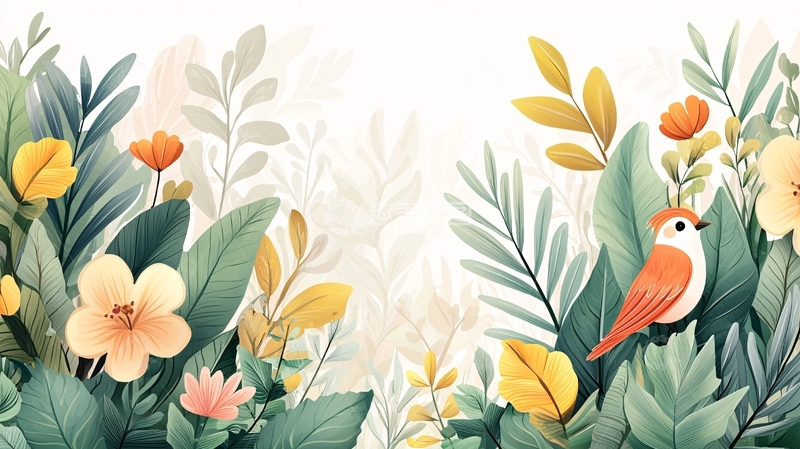 高清大图下载【趣麦麦图】鸟与花草的淡雅水彩风
