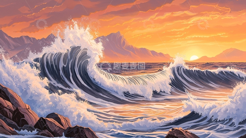 高清大图下载【趣麦麦图】海浪拍打礁石的傍晚
