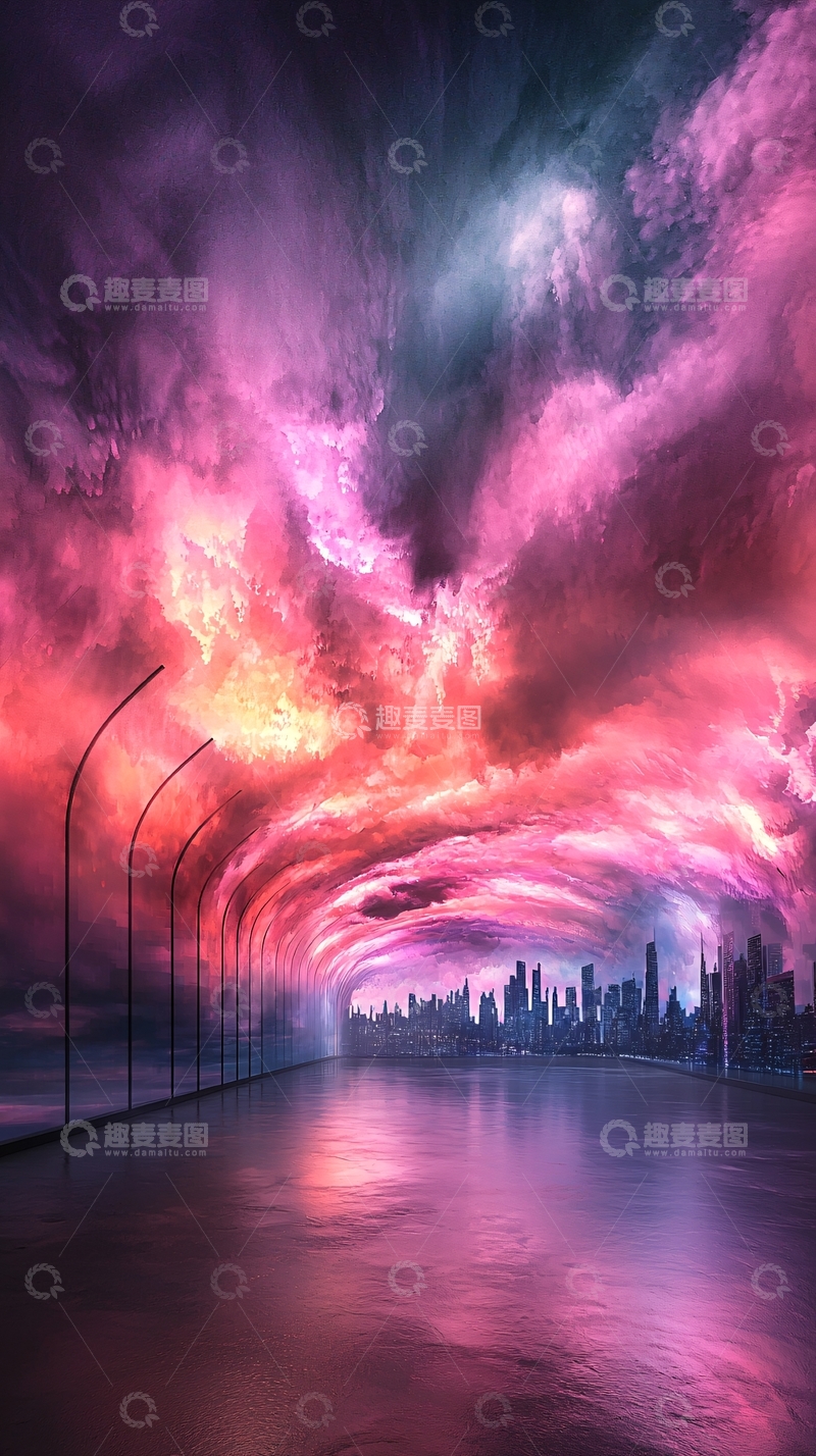 高清大图下载【趣麦麦图】梦幻城市夜景粉色天空