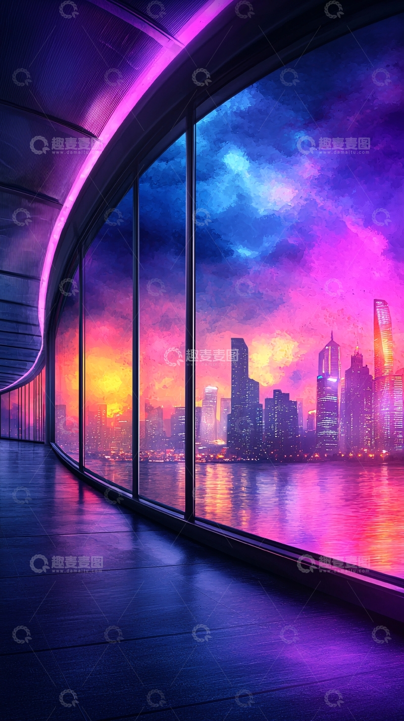 高清大图下载【趣麦麦图】未来城市夜景玻璃窗
