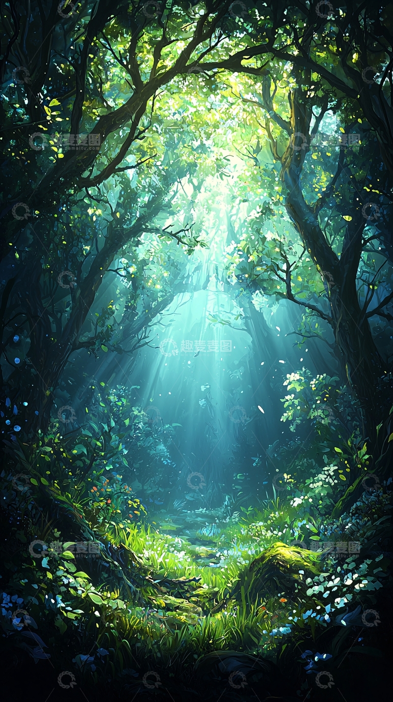 高清大图下载【趣麦麦图】阳光穿透森林的梦幻场景