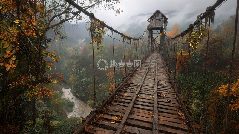 高清大图下载【趣麦麦图】古老木桥连接两岸风景