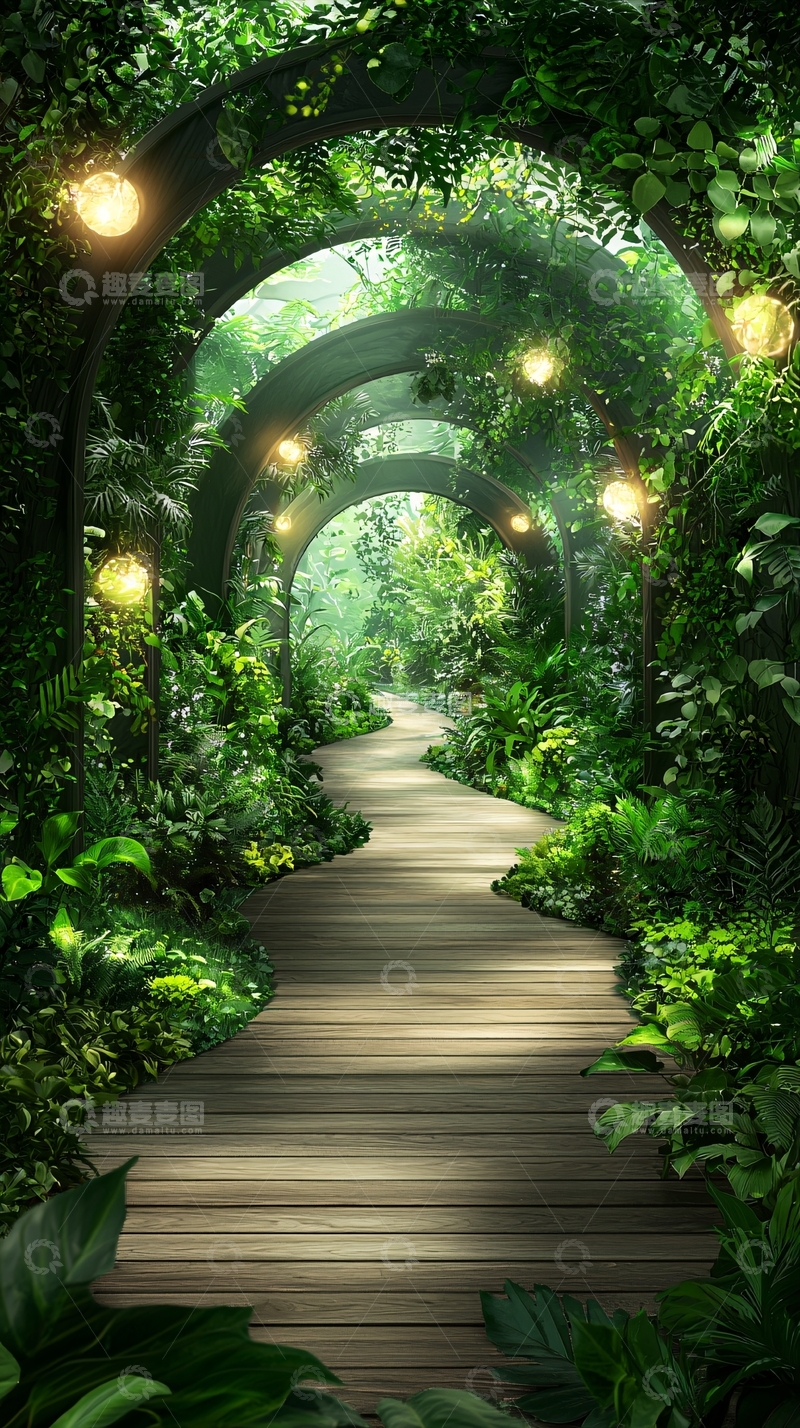 高清大图下载【趣麦麦图】绿色植物覆盖的拱门通道