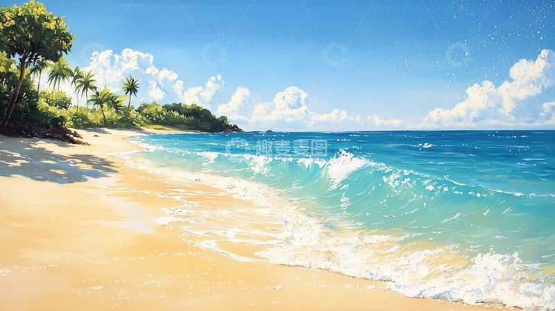 高清大图下载【趣麦麦图】阳光沙滩海浪椰树的唯美画面