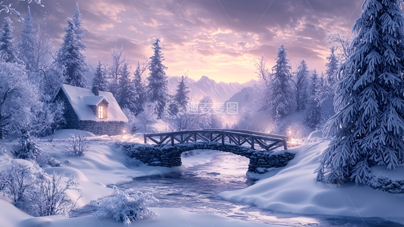 高清大图下载【趣麦麦图】雪地小屋与桥梁