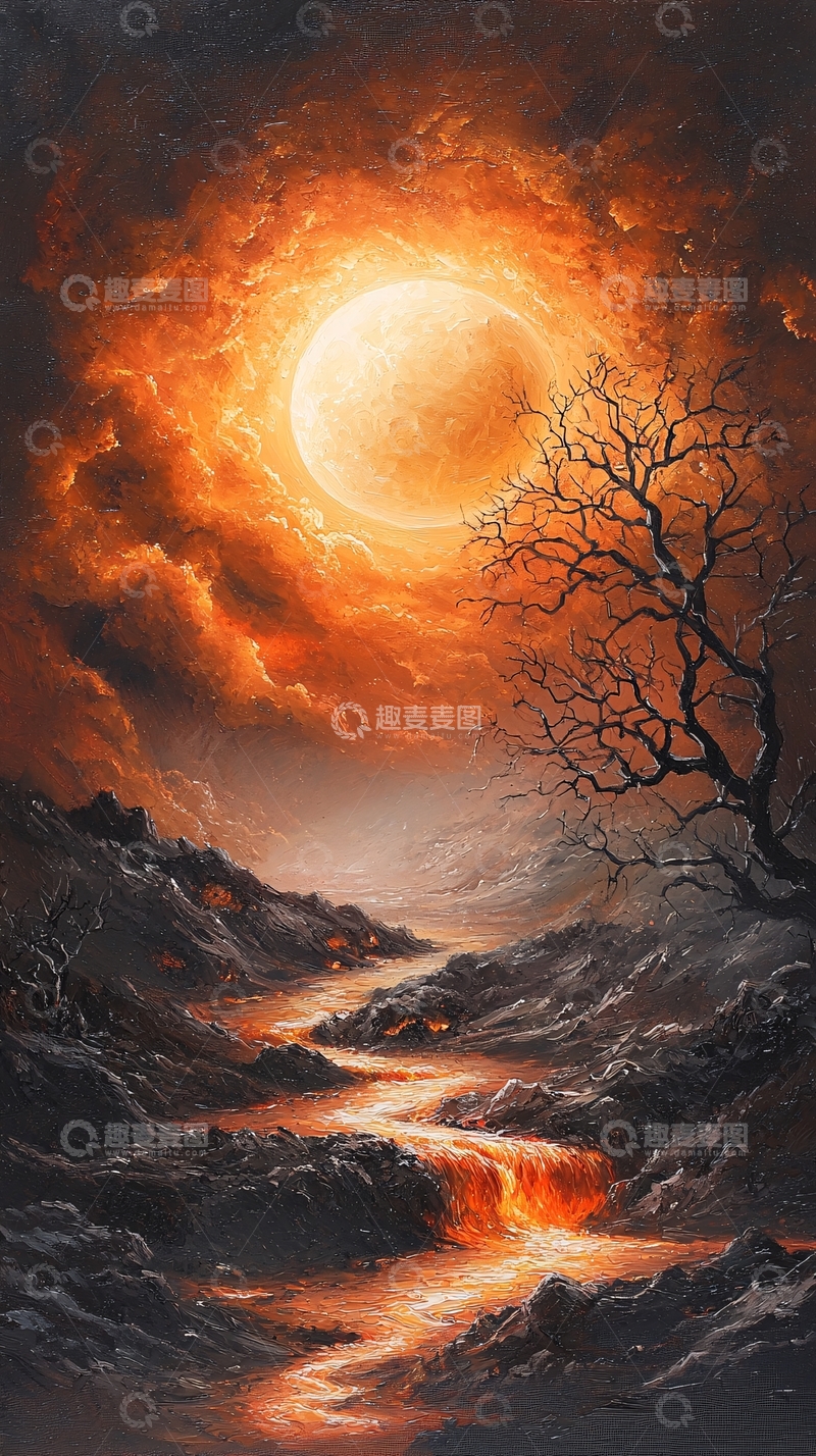 高清大图下载【趣麦麦图】燃烧的月亮照亮河流