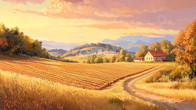 高清大图下载【趣麦麦图】金色田野乡村风景油画